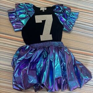 Girls 7th Birthday Metallic Iridescent Blue-Purple Ruffle Shirt Bubble Skort